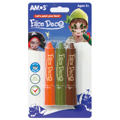 Фарби аквагрим  3 кол. "Amos" /FD5B3B/ "Face deco" в олівцях (помаранч., зел., коричн.) (1/12)