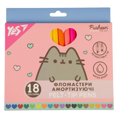 Фломастери "YES" 18 кол. /650583/ "Pusheen", амортизуючі (1/12/96)