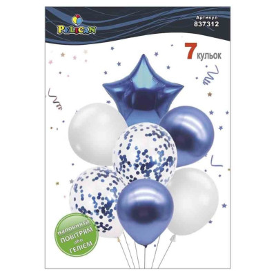 Кульки повітряні "Pelican" /837312/ латексні "Зірка, біло- синій мікс з хромом" 7шт/уп