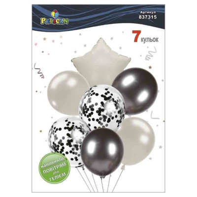 Кульки повітряні "Pelican" /837315/ латексні "Зірка, чорно- молочний мікс з хромом" 7шт/уп