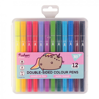 Фломастери "YES" 12 кол. /650561/ ДВОСТОРОННІ "Pusheen" пензлик м'який / жорсткий (1/12/72)