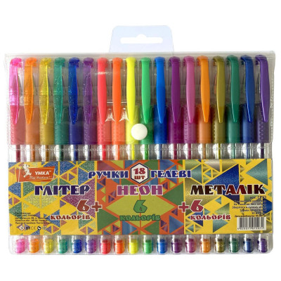 Набір гелевих ручок "УМКА" /ГР53/ 6+6+6 кол. "Glitter+Neon+Metallic" прогум. грип (1/12/48)