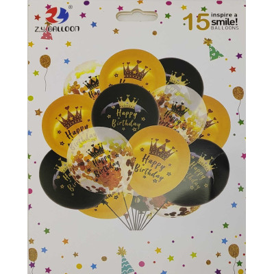 Набір повітряних кульок /1212-15-3/ 15шт.*30см "Happy birthday" золоті,чорні