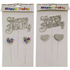 Топпер для торту 3D /215/ 3шт. "Happy birthday - стрази" 16см +2серця (1/12)