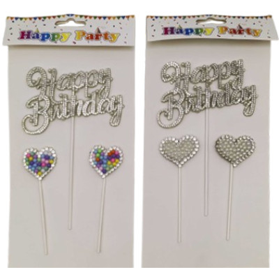Топпер для торту 3D /215/ 3шт. "Happy birthday - стрази" 16см +2серця (1/12)
