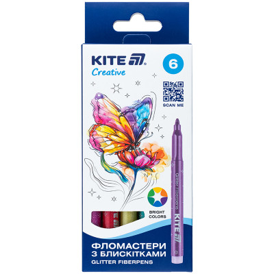 Фломастери "Kite" 6 кол. /K-1147/ з блискітками, Creative (1/12)