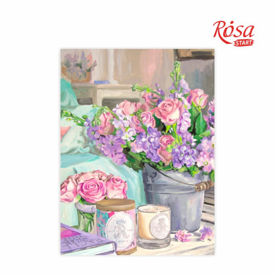 Картина на картоні з контуром "ROSA START" 30*40 Натюрморт №25 "Ніжний букет троянди+бузок" /159/ БЕЗ ФАРБ