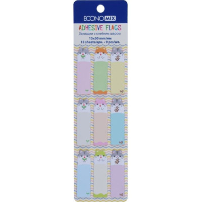 Індекс регістри "Economix" /E20962-02/ ПАПЕРОВІ,15х50 мм, Fun Mouse, 135 шт., 9 кольорів асорті (1/50/1000)