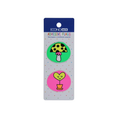 Індекс регістри "Economix" /E20969-01/ ПЛАСТИКОВІ,35х40 мм, Fun heart and mushroom, 40 шт., асорті (1/48/1152)