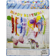 Фотозона з повітряних кульок /8701/ "Happy Birthday" "Єдиноріг 70см, Бантік 37см" + довгі,спіральні кулі  (1/10)