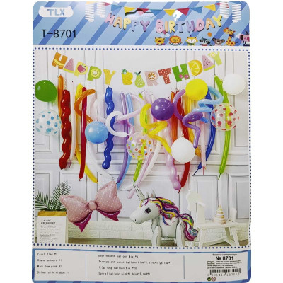 Фотозона з повітряних кульок /8701/ "Happy Birthday" "Єдиноріг 70см, Бантік 37см" + довгі,спіральні кулі  (1/10)