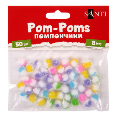 Помпони "SANTI" /955443/ з люрексом голограф., двокольорові, мікс 5 кольорів, d-8мм, 50шт./уп (1/12)