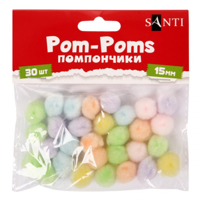 Помпони "SANTI" /955453/ пастельні кольори, асорті, акрил, d-15мм, 30шт./уп (1/12)