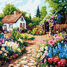 Картина за номерами "Ідейка" /KHO6382/ "Квіти біля хатини" 30*30см
