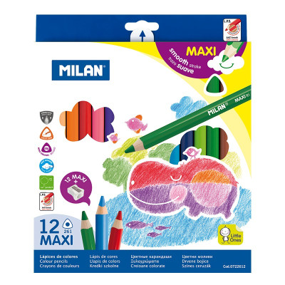 Олівці кольорові "Milan" 12 кол. /0722612/ трикутні, MAXI, картон коробка "261"+ чинка (1/12/96)