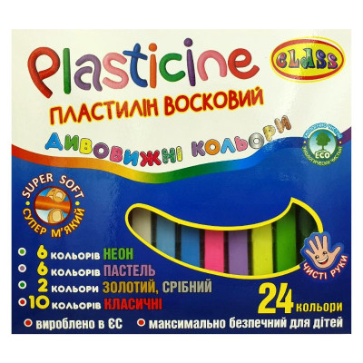 Пластилін "CLASS" "Чисті руки Дивовижні" 24 кол. /7655/ восковий, ECO, 400 гр.,квадр (1/30)