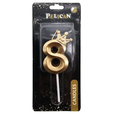 Свічка для торту "Pelican" /863108/ цифра 3D з короною "8", золото 6см (1/12)