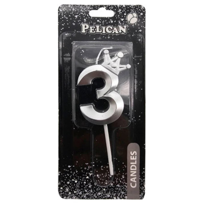 Свічка для торту "Pelican" /863113/ цифра 3D з короною "3", срібло 6см (1/12)