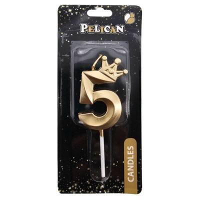 Свічка для торту "Pelican" /863105/ цифра 3D з короною "5", золото 6см (1/12)