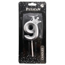 Свічка для торту "Pelican" /863119/ цифра 3D з короною "9", срібло 6см (1/12)