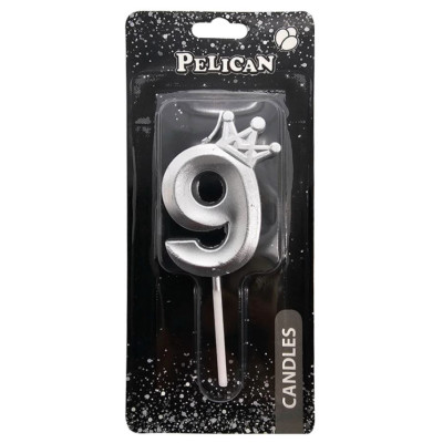Свічка для торту "Pelican" /863119/ цифра 3D з короною "9", срібло 6см (1/12)