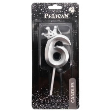 Свічка для торту "Pelican" /863116/ цифра 3D з короною "6", срібло 6см (1/12)