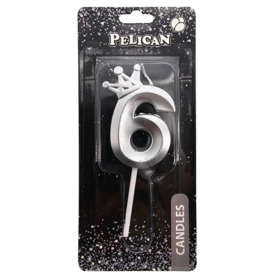 Свічка для торту "Pelican" /863116/ цифра 3D з короною "6", срібло 6см (1/12)