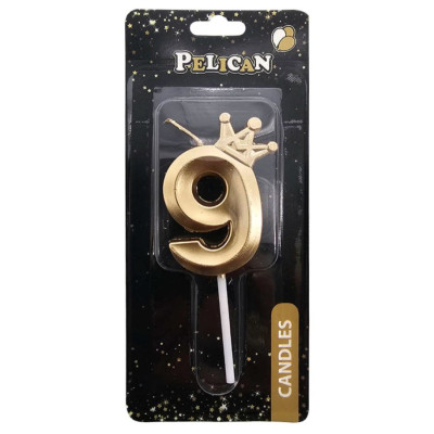 Свічка для торту "Pelican" /863109/ цифра 3D з короною "9", золото 6см (1/12)