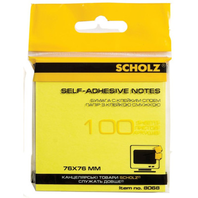 Папір з клейким шаром 76*76 мм "SCHOLZ" /8068-NY/ 100 арк. неон, жовтий (6/48)